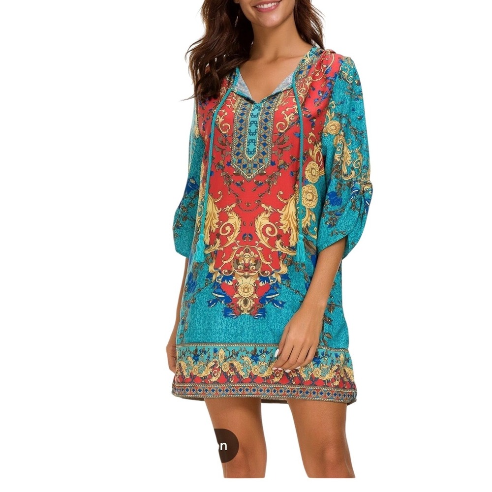 Urban CoCo Boho Baroque Tunic Dress Turquoise Red Tassel Hooded Large